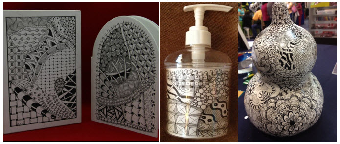 Zentangle® on Cardboard, Lotion Dispenser and Gourds