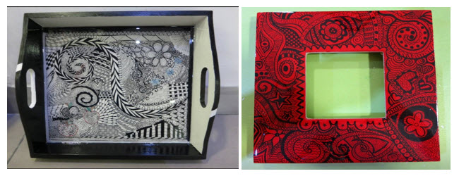 ZIA: Wooden tray covered with Ice resin and wooden frame painted with red acrylic paint